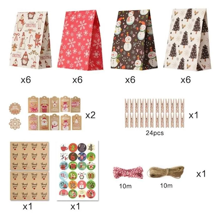 Dekoracje świąteczne torby adwentowe Kalendarze Wypełnij cukierki Prezent Bag papierowy DIY 24 dni odliczanie z naklejkami
