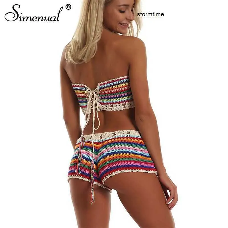 Rainbow Striped Crochet Set Women Summer Swimwear Handmade Sexy Beachwear Hot BOHO Hollow Out Bathing Suits Bandage New