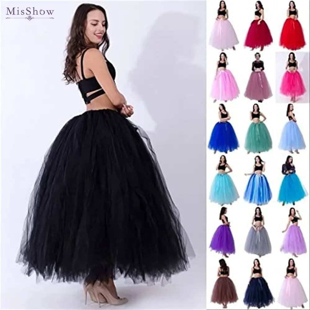 Estoque 6 camadas 100cm maxi saia longa de tule com faixas de fita princesa fada tutu saias femininas vintage vestido de anágua inchado cpa833 cpa1009