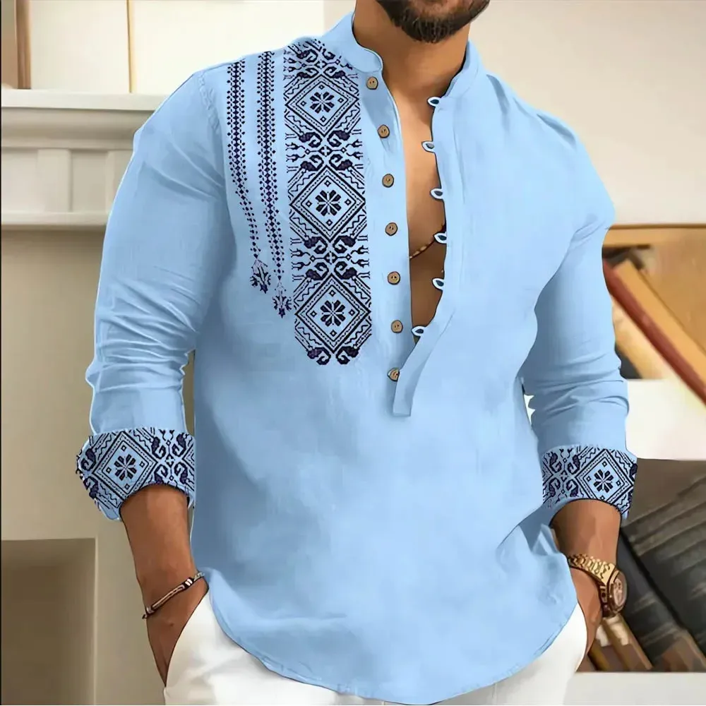 2024 Spring/Summer Leisure Mens Long Sleeved Button Down Shirt Loose Henry V-Neck Beach Top T-Shirt AS Gift 240130