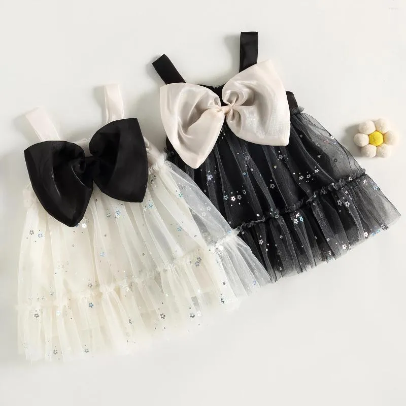 Flickaklänningar Pudcoco Infant Kids Baby A-Line Dress Sleeveless Bowknot Flower Sequined Tulle för Casual Daily Party 9M-2T