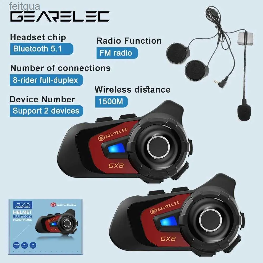 Walkie Talkie Gearelec GX8 Motosiklet Bluetooth Intercom Müzik Paylaşımı 1500m 8 Riders Grup Kask İletişim Hoparlör Kulaklık İnterfone YQ240130