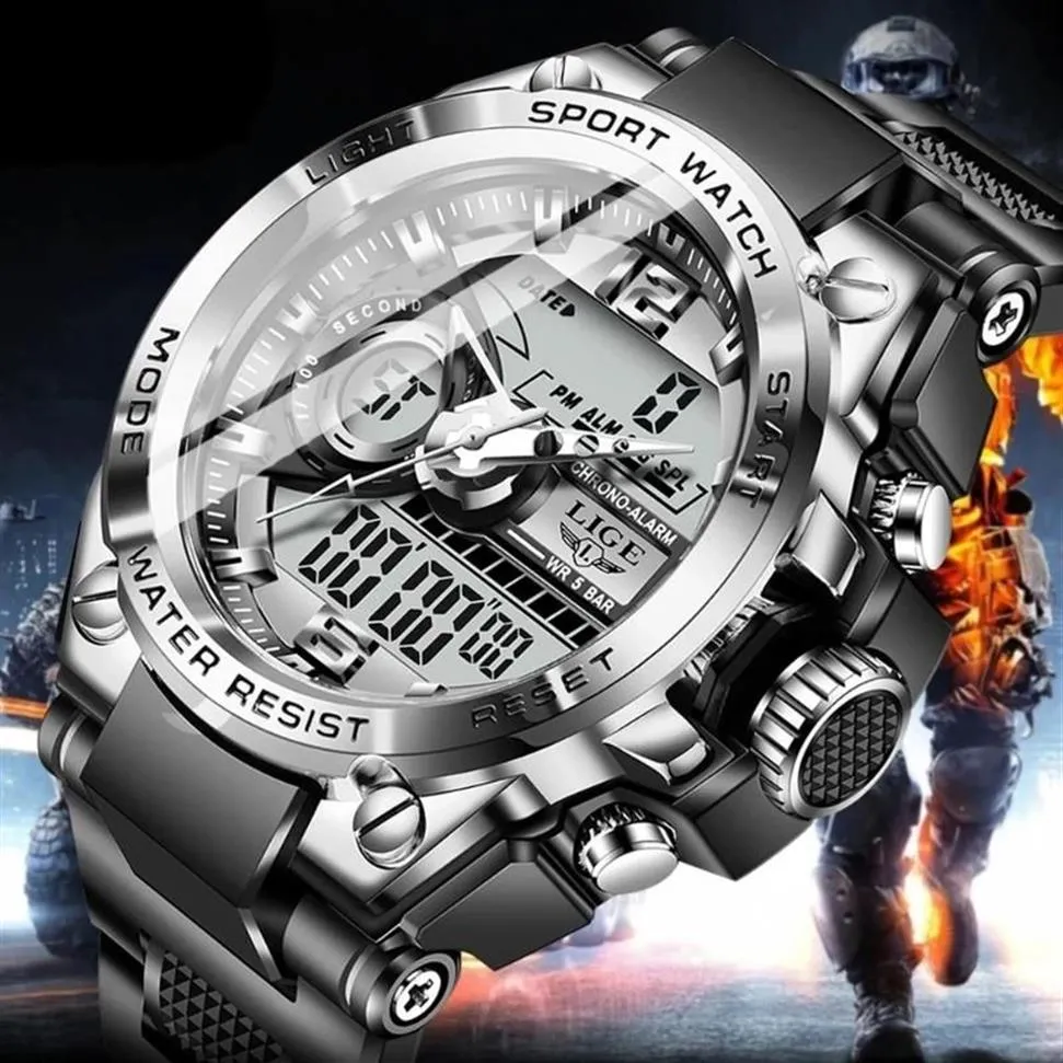 Armbandsur 2021 Lige Sport Men Quartz Digital Watch Creative Diving Watches Watertproof Alarm Dual Display Clock Relogio Masculin332Z
