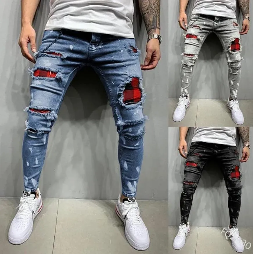 Mens Jeans Slim-Fit Ripped Painted Fashion Patch Beggar Pants High Street Mens Pencil Denim Trousers