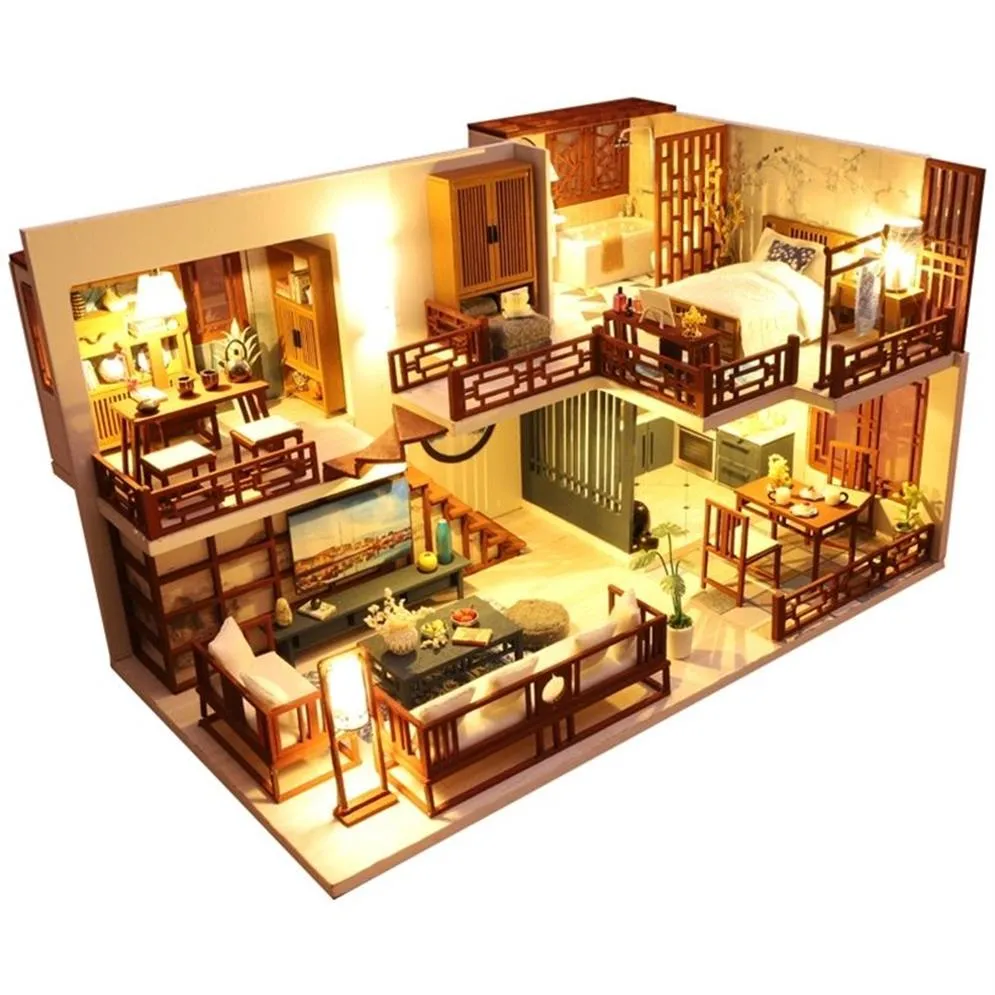 DIY DollHouse Wooden Doll Houses Miniature Dollhouse Furniture Kit Toys for children New Year Christmas Gift Casa T200116223i