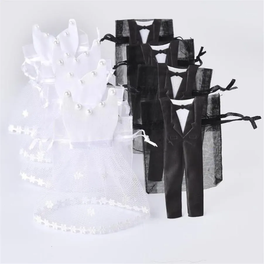 HELA 50 SETS Organza DrawString Candy Bag 25 Tuxedo 25 Dress Bride Groom Wedding Favors Party Present Bag WB0612468