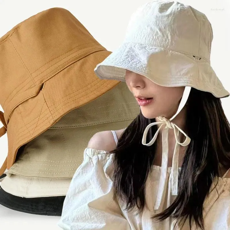 Boinas Ins Verano Cordón Pescador Sombrero Color Sólido Algodón Simple Cubo Cap Moda Chica Japonesa Al Aire Libre Sombreros Para El Sol Sombrilla