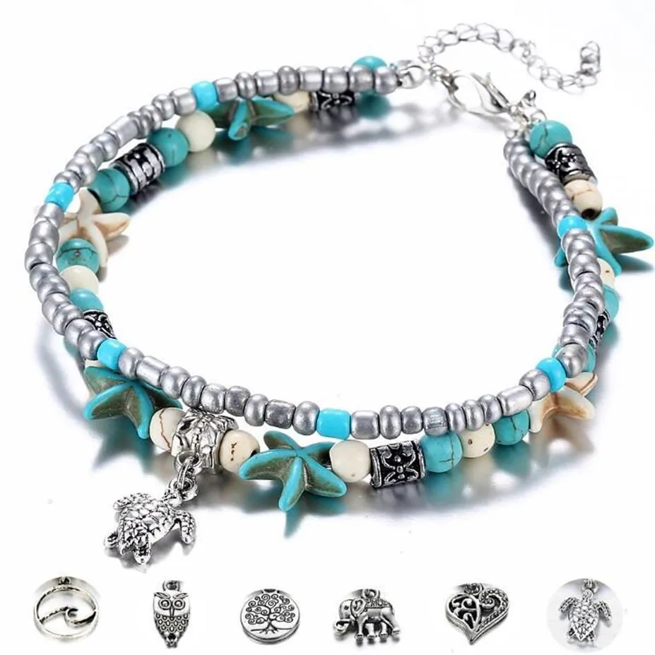 Bracciale cavigliera con doppia cavigliera, conchiglia, stella marina, perline di riso, yoga, tartaruga da spiaggia, pendente GD543199A