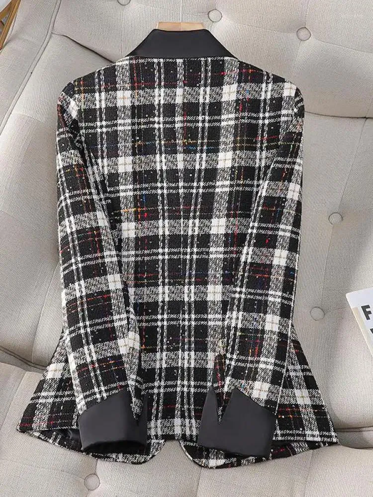 Trajes de mujer coreano Retro negro blanco Patchwork a cuadros Oficina señora traje abrigo otoño elegante mujer temperamento chaqueta Tops de gran tamaño