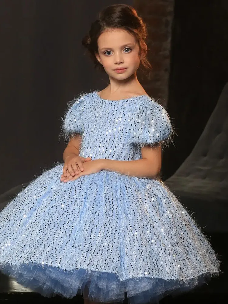 new Ball Gown Pearls Flower Girl Dresses For Wedding Light Sky Blue sequined Appliqued Pageant Gowns Floor Length Tulle feather tutu puffy First holy Communion Dress