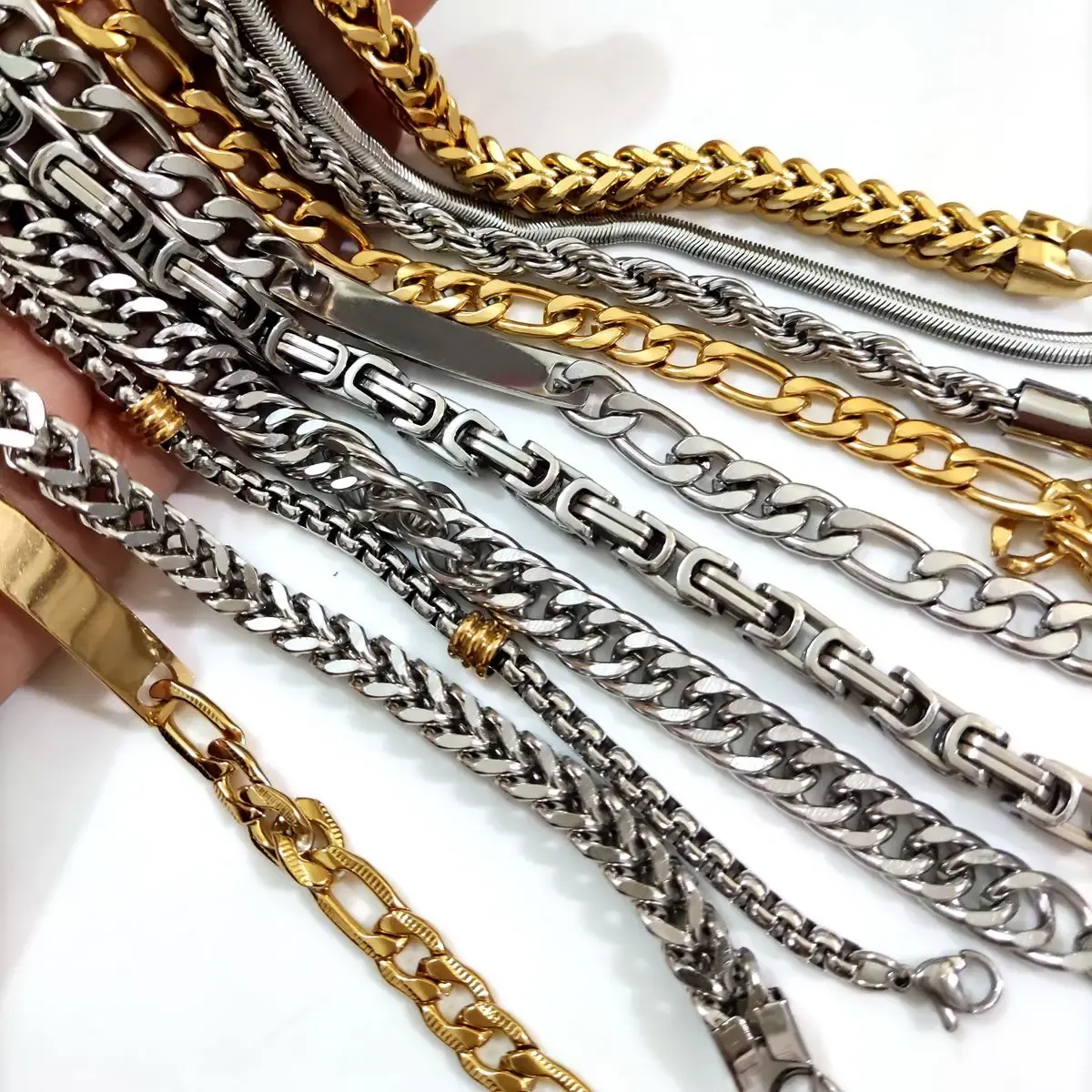 Bracelets 10pcs Men Bracelet Gold Plate Silver Stainless Steel Curb Cuban Link Chain Bracelets for Man Boy Hiphop Trendy Wrist Jewelry