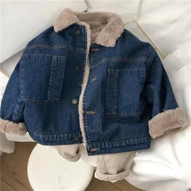 Lente Denim Pluche Warme Meisjes Jas Herfst Winter Kinderen Dikke Jean Jas Baby Jongens Kleding 2 tot 8 Jaar XMP486 240125