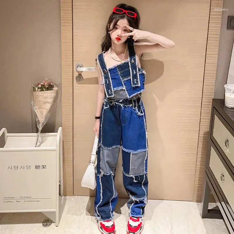 Kleidung Sets Kinder Kleidung Für Mädchen Streetwear Denim Set Sommer Patchwork Design Hosenträger Elastische Taille Jeans 2 stücke Casual Outfit 4-14 jahre