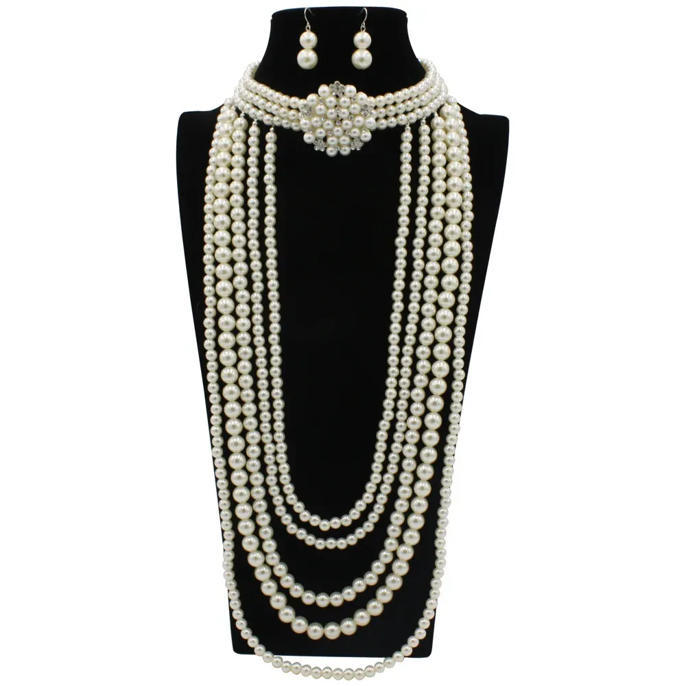 Halsketten Perlen Halskette Ohrring Set rrtro 1920er Flapper Great Gatsby Schmuck Frauenbühne Hochzeitsfeier Anhänger Halskette