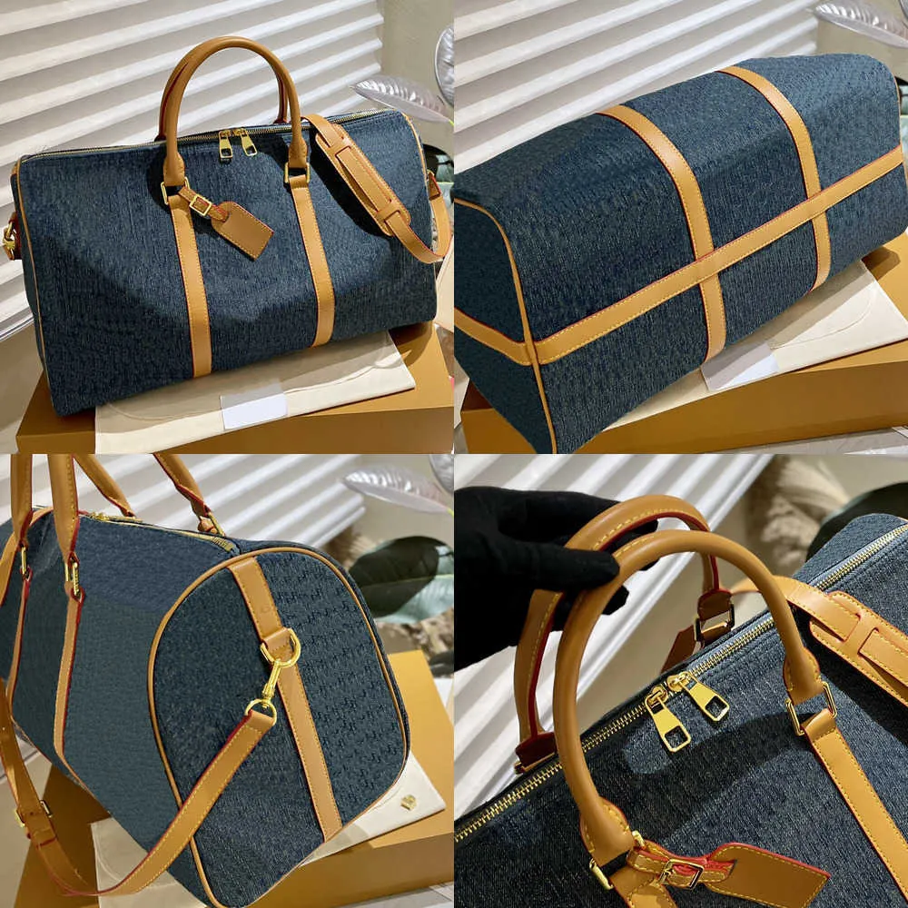 Designer duffle saco de viagem bagagem designers sacos mulheres denim bolsas moda clássico grande capacidade azul tote 45cm