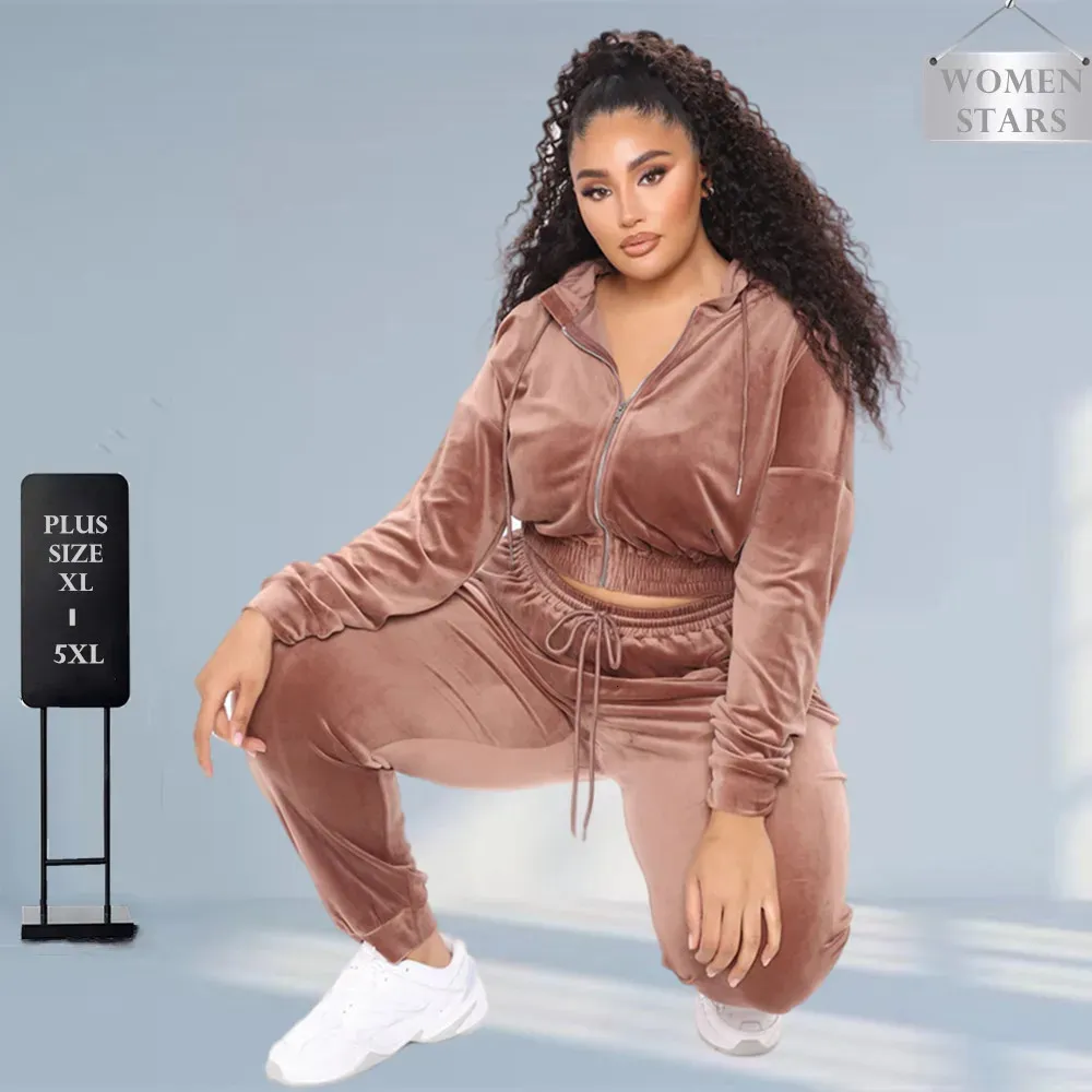 Sweatsuit Plus Size Women's Clothing 3 Piece Set Velvet Matching Suit dragkedja Tops Vest Pants Sportwear Wholesale Dropshing 240127