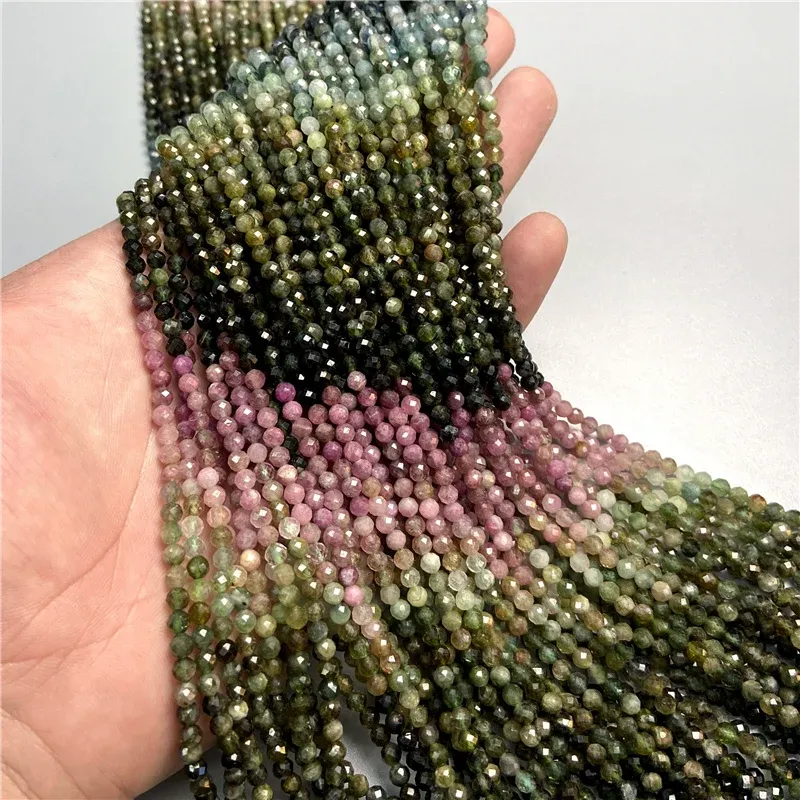 Beads Natural Dark Tourmaline Faceted Round Stone Beads Gradient Green Gem Stone Loose Beads for Jewelry Making DIY Bracelet Charms