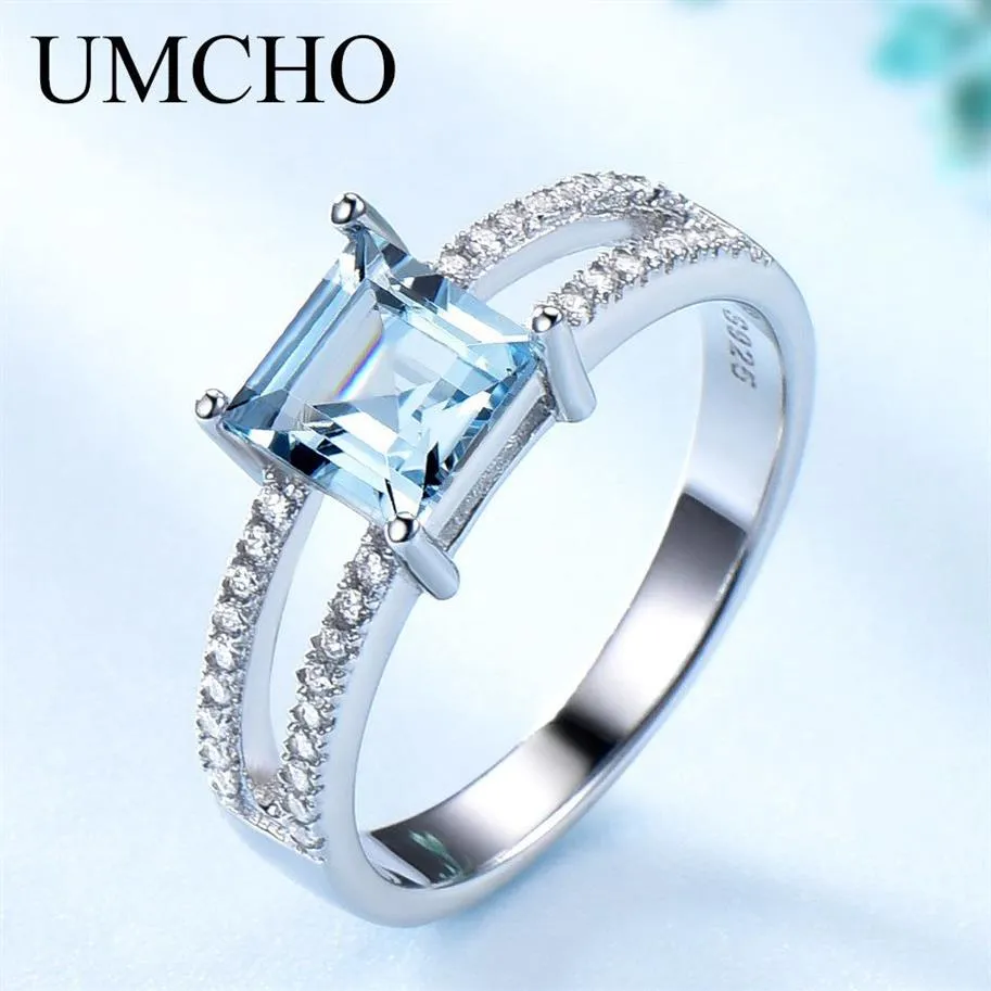 UMCHO Solide 925 Bijoux En Argent Sterling Créé Nano Ciel Bleu Topaze Anneaux Pour Les Femmes Cocktail Bague De Noce Fine Jewelry CJ191231A