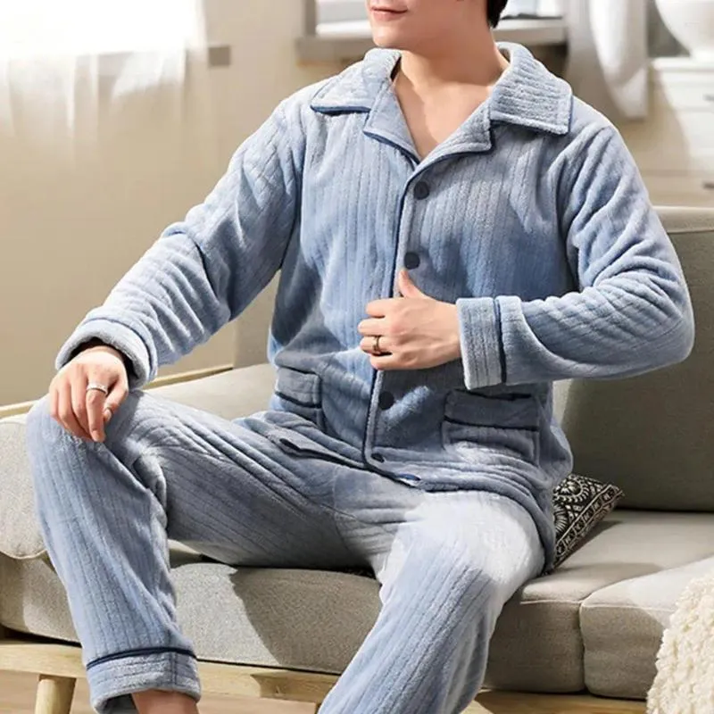 Mäns sömnkläder 2st mjuka män vinterpyjamas set randig enbröd loungekläder elastisk midja varma fickor hemkläder toppbyxor