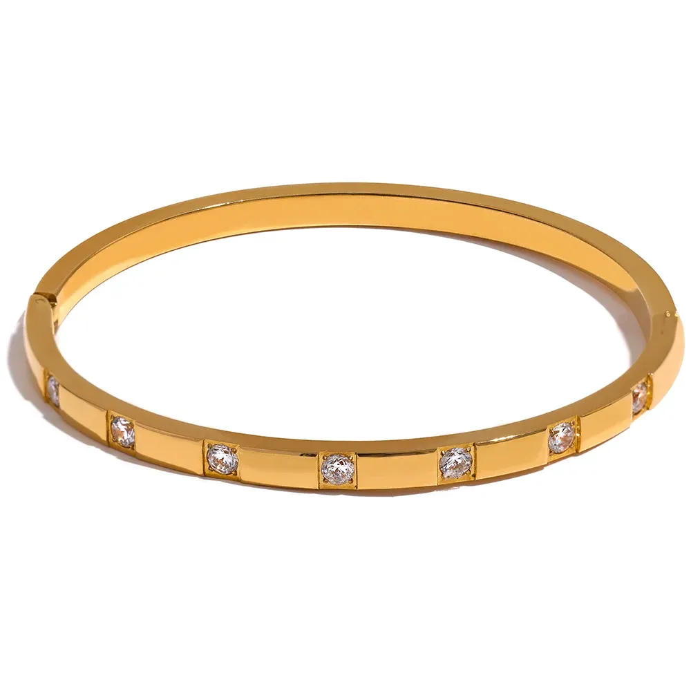 Stylish Cubic Zirconia 14k Yellow Gold Wrist Bangle Bracelet Waterproof Jewelry for Women Charm Fashion