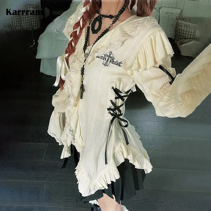 Karrram Y2k Ästhetik Spitzenhemd Grunge Gothic Unregelmäßige Blusen Fee Harajuku Bandage Shirt Vintage Lolita Kleidung Mall Goth 240125