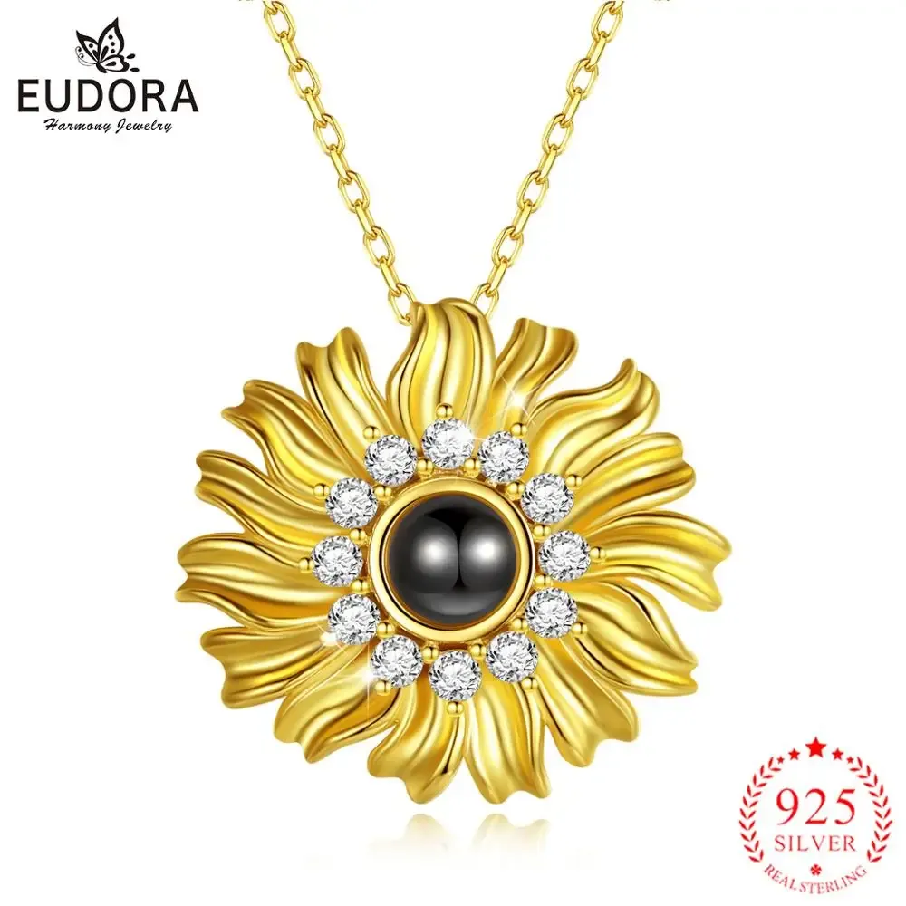 Ciondoli EUDORA Argento sterling 925 Estate color oro Ciondolo girasole Ti amo Collana in 100 lingue con scatola Gioielleria raffinata per le donne