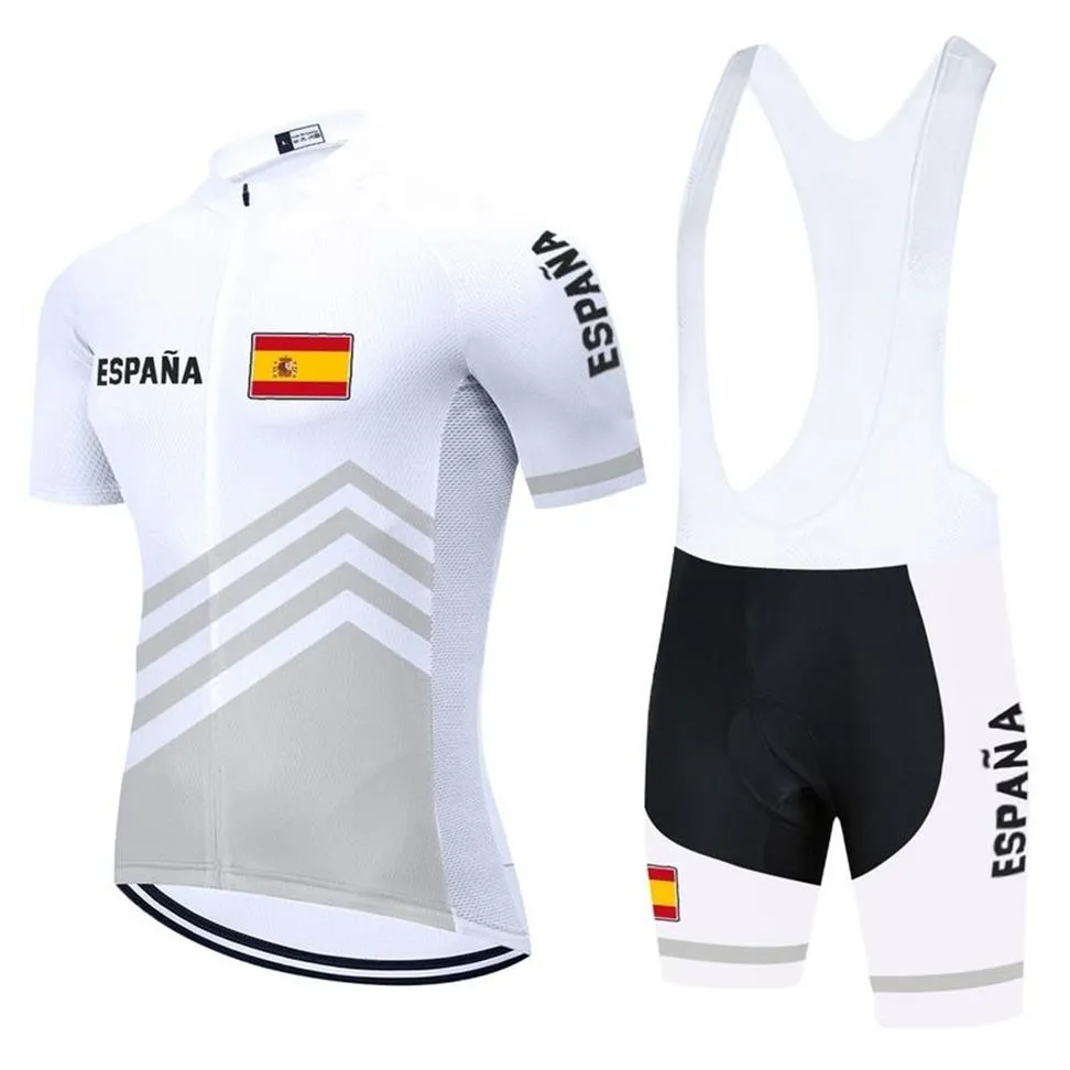2021 팀 스페인 사이클링 저지 턱받이 세트 흰색 자전거 의류 빠른 마른 자전거 옷을 입는 남자의 짧은 maillot culotte suit243f