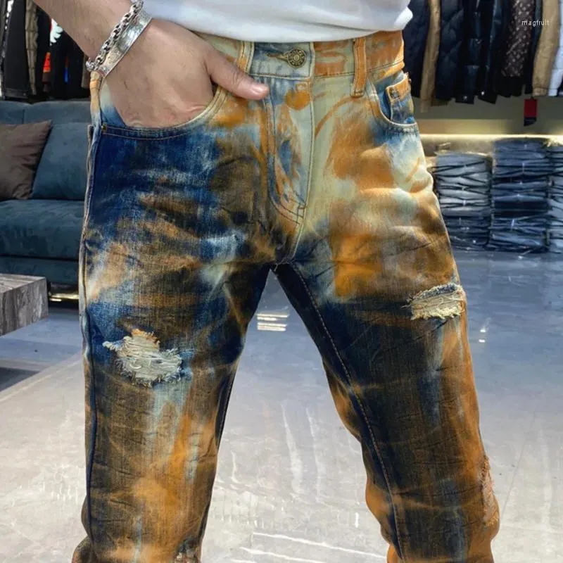 Мужские джинсы, повседневные облегающие рваные брюки для мужчин, уличные джинсы с оранжевой краской, модные вечерние брюки, уличная одежда