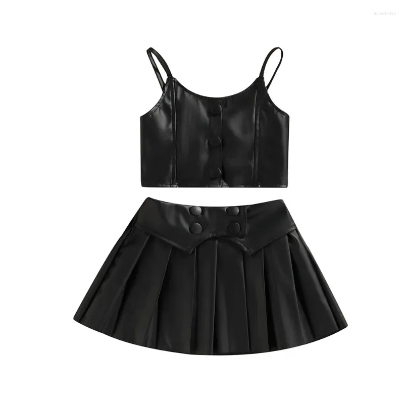 Ensembles de vêtements Enfants Bébé Bébé Filles Vêtements en cuir Costume décontracté Couleur unie Sans manches Sling Tops Bouton Jupe courte plissée Noir 1-6T