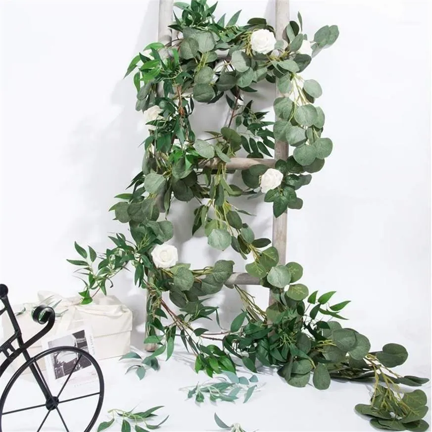 Decoratieve bloemenkransen ABFU-6 5-voet kunstmatige eucalyptusslinger en 6-voet wilgenwijnstoktakken bladkoorddeur groen In237G