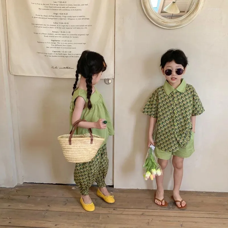 Clothing Sets 2024 Summer Boy Girl Matching Clothes Brother Sister Floral Short Sleeve Shorts 2pcs Suit Twins Siblings Outfits Children