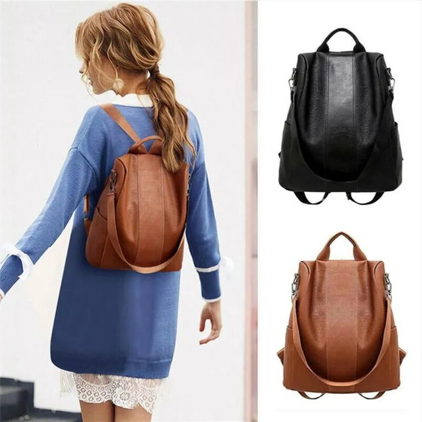 Дизайнерский женский кожаный рюкзак, противоугонный рюкзак на молнии, черно-коричневый, школьная сумка на плечо, большая вместительная дорожная сумка266E