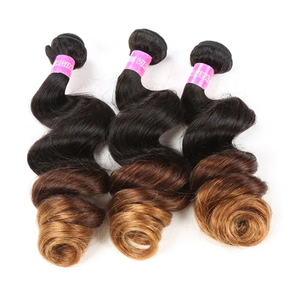 Ombre 1B/4/27 Onda Allentata Brasiliana Capelli Vergini Remy Umani Tesse 100 g/bundle Doppie Trame 3 Bundle/lotto pieno e morbido