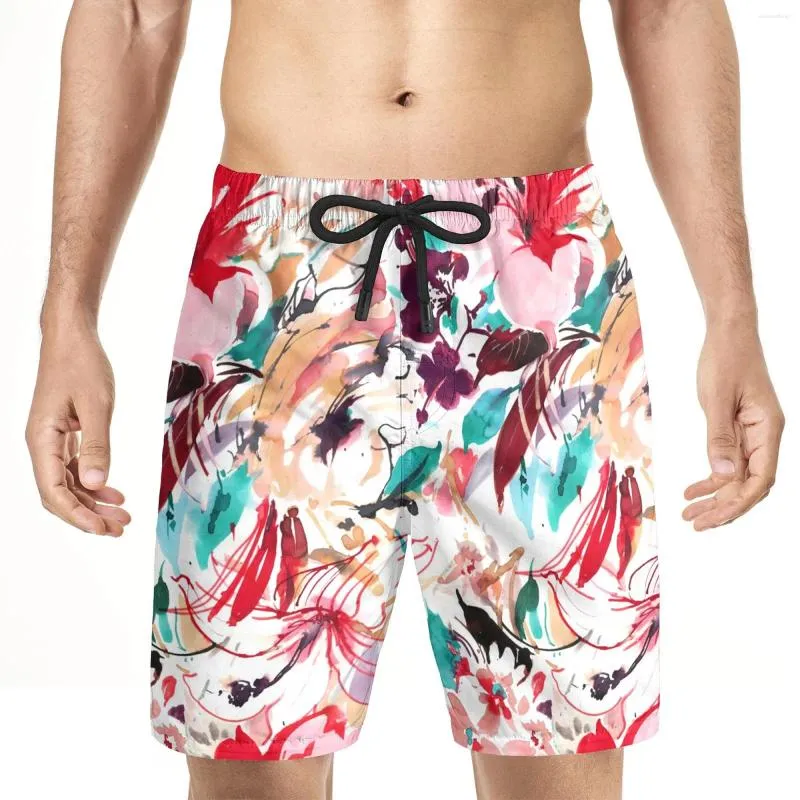Shorts masculinos Boho Vintage Floral Print Calças Joelho Troncos Cordão Cintura Elástica Verão Havaiano Beachwear