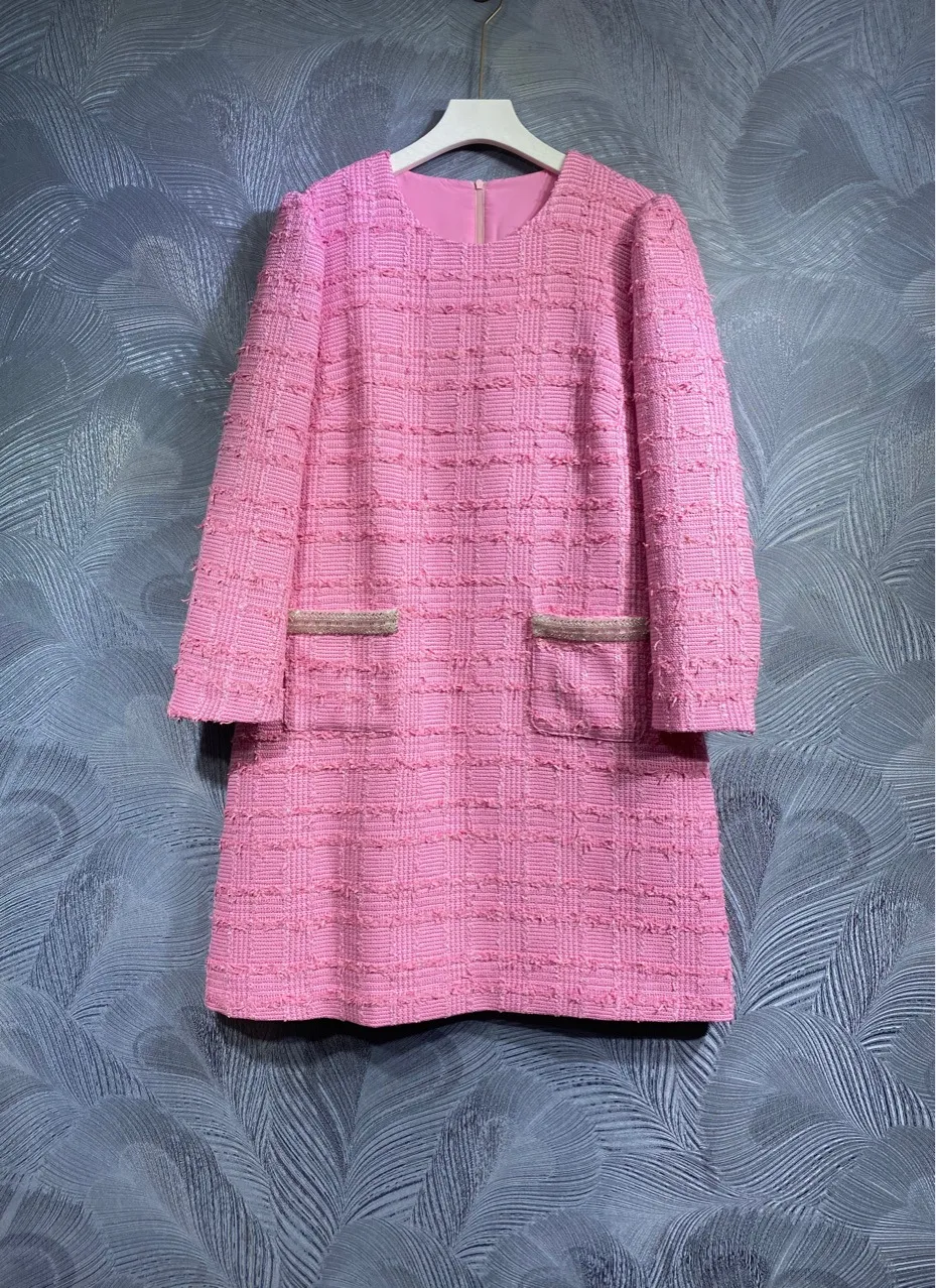 10026 XXL 2024 Abito da passerella Abito estivo primaverile Girocollo Manica lunga Blu Rosa Marca Stesso stile Abito da donna Moda Alta qualità LT