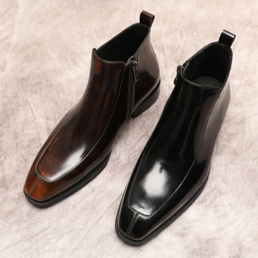 Robe de costume occidentale en cuir véritable pour hommes, cheville noire et marron, avec fermeture éclair, chaussures formelles pour hommes, bottes