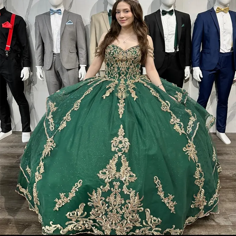 Зеленая принцесса, зеленые платья Quinceanera, золотое кружевное бальное платье с аппликацией и бусинами, Vestido De 15 Anos, одежда для выпускного вечера, robes de soiree