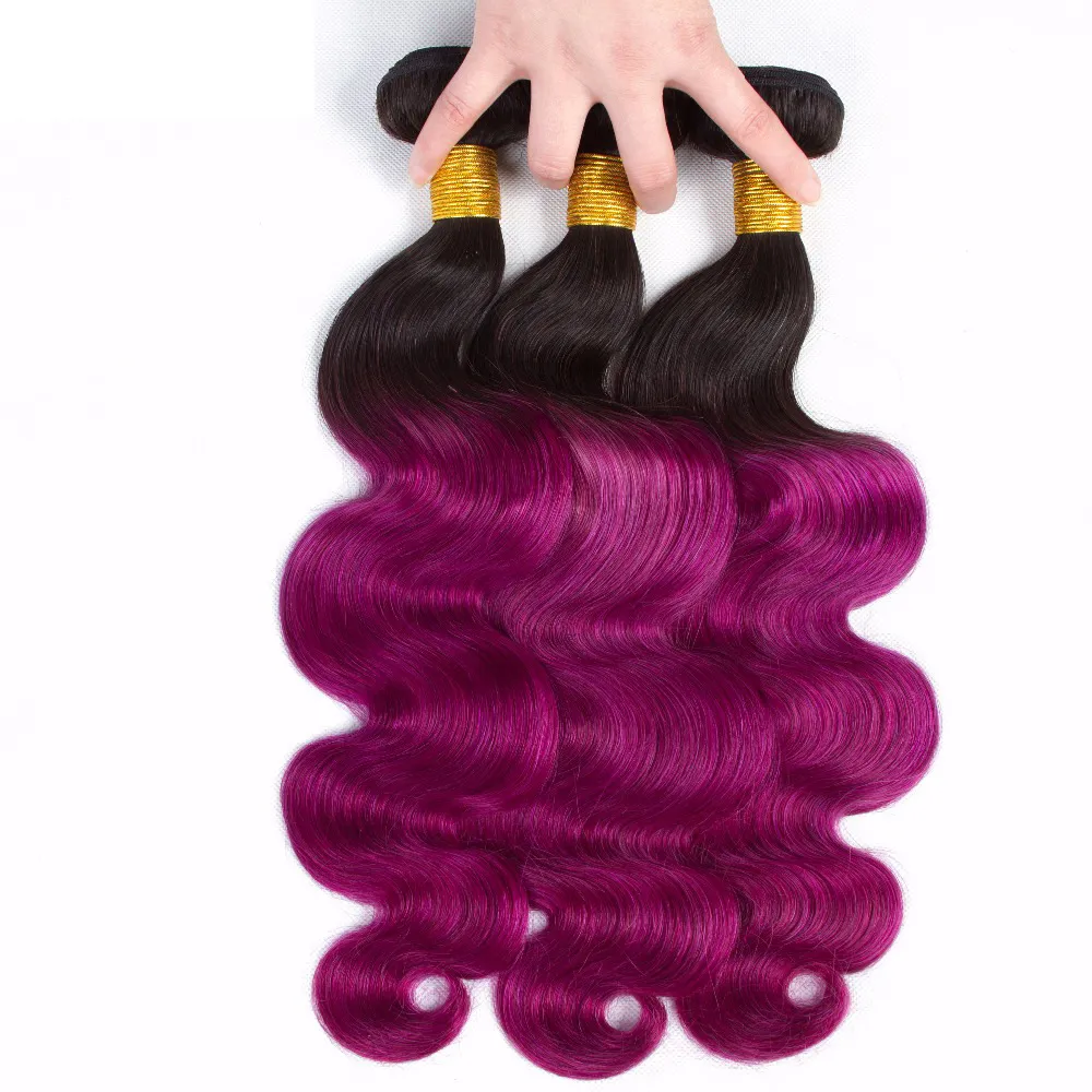 オンブル1b/紫色のブラジルの体波ヒューマンレミーバージンヘア織り100g/バンドルダブルウェフト3バンドル/ロット