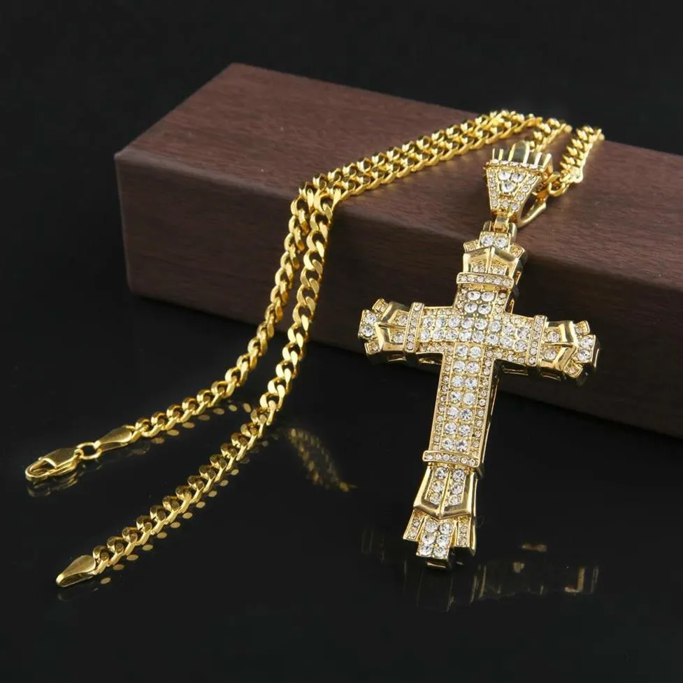 Retro Silver Cross Charm Wisiant Pełny lód CZ symulowany Diamonds Catholic Crucifix Naszyjnik z długim kubańskim łańcuchem H239T