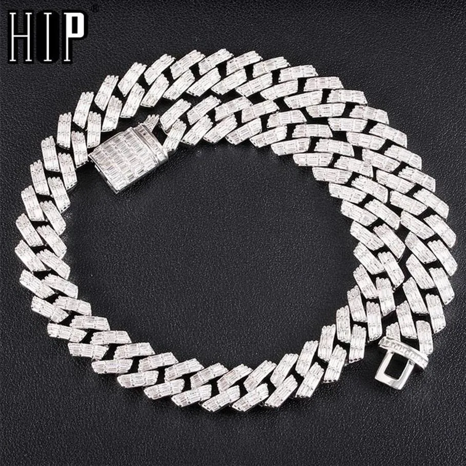Hip Hop 15MM 3 Row Baguette Prong Cuban Chains Bling Iced Out CZ Setting Cubic Zirconia Box Buckle Necklace For Men Jewelry321f