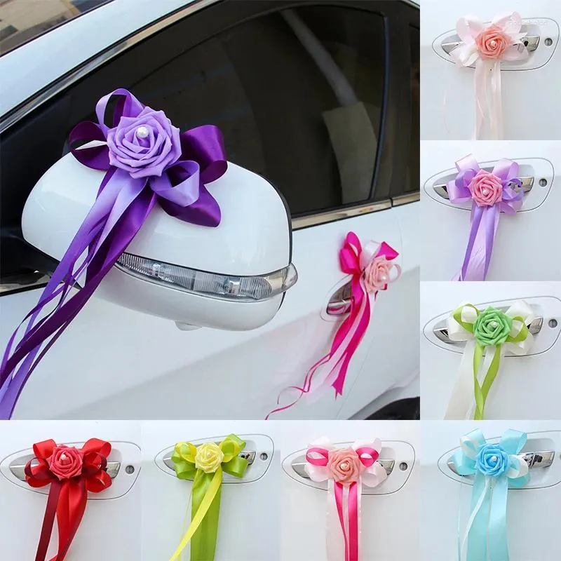 Flores decorativas 1 peça 2024 primavera casamento maçanetas de porta de carro linda festa festival suprimentos fita colorida retrovisor decoração de flores