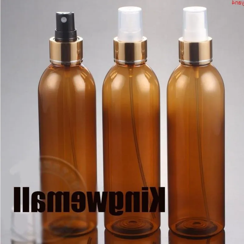 300pcs/lot 250ML Amber PET Bottle With Gold Aluminum Ring ,250ML Mist Sprayer Brown Bottle, 250ml Plastic Bottlegoods Fsjdc