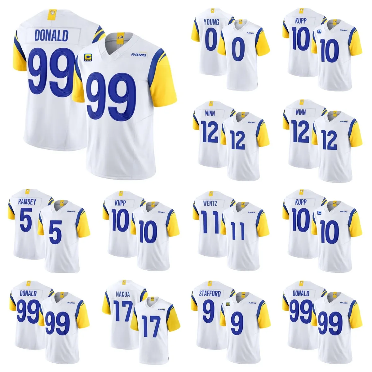 Herrlos''angeles''Rams''aaron Donald Carson Wentz Matthew Stafford White 2023 F.U.S.E. Med 4-stjärnig C Patch Vapor Vapor Limited Football Stitched Jersey