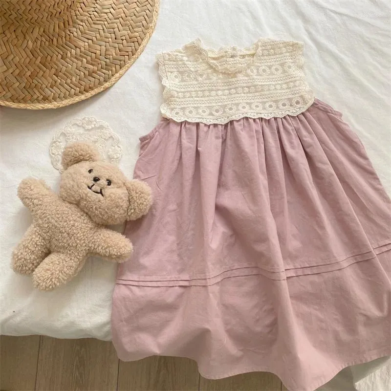 Flickaklänningar hjortar Jonmi 2024 Summer Korean Style Baby Girls Sleeveless Princess Lace Patchwork Children Pink Cute Vest Dress