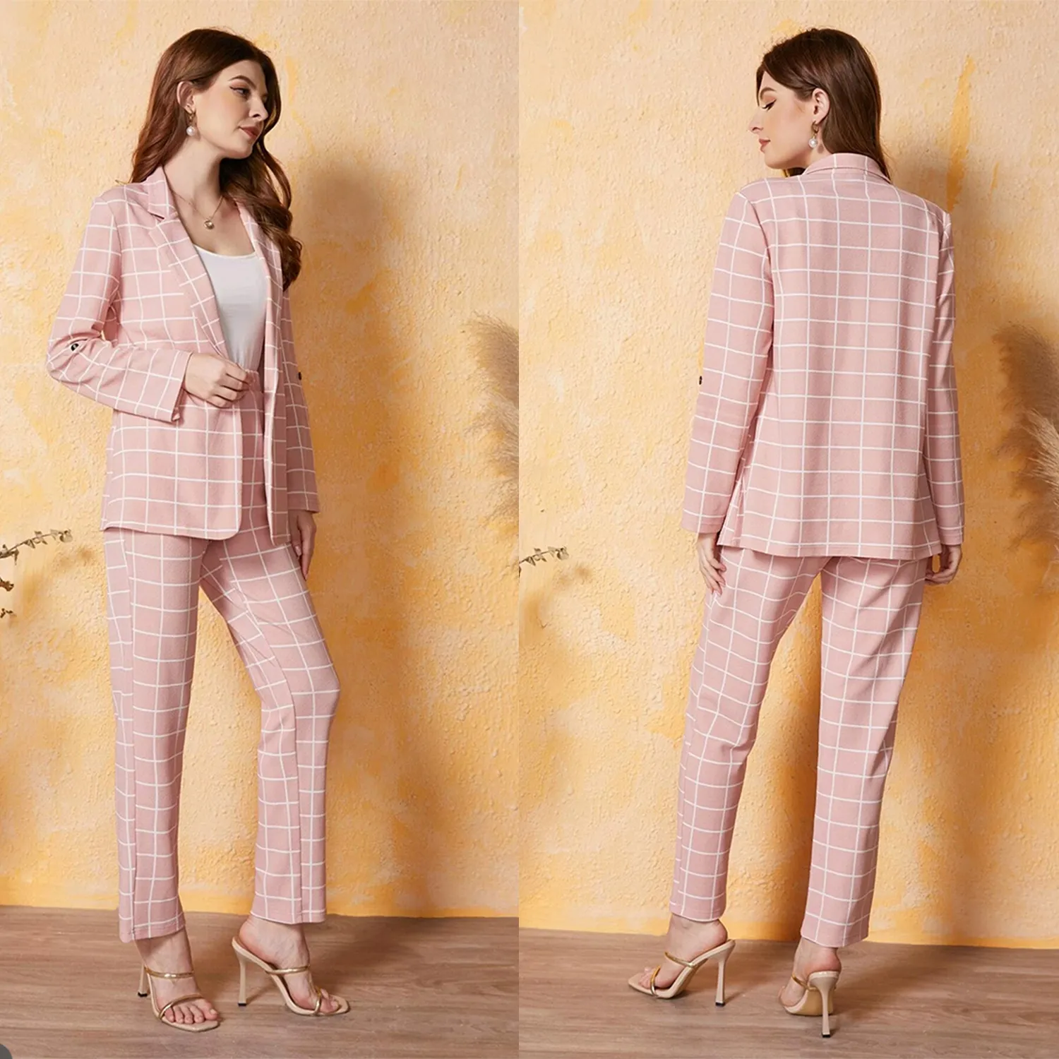 Pink Plaid Women Pants Suits Spring Fashion 2 Pieces Mother Of Bride Blazer Tuxedos Custom Made Wear Trousers Sets