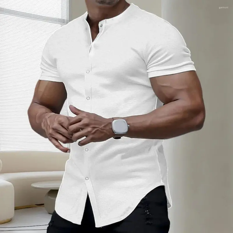 Chemises décontractées pour hommes Cardigan à manches courtes Respirant Col montant Chemise d'été Coupe ajustée Simple boutonnage en couleur unie pour le confort