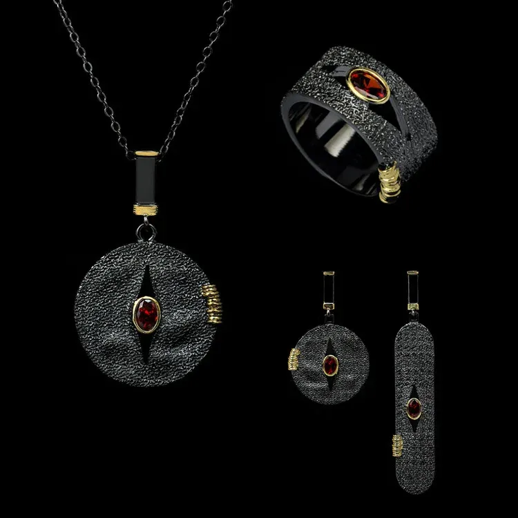 Kettingen 925 zilveren sieraden set voor vrouwen retro geometrische overdreven ring ketting asymmetrische oorbellen zwarte goud threepiece set