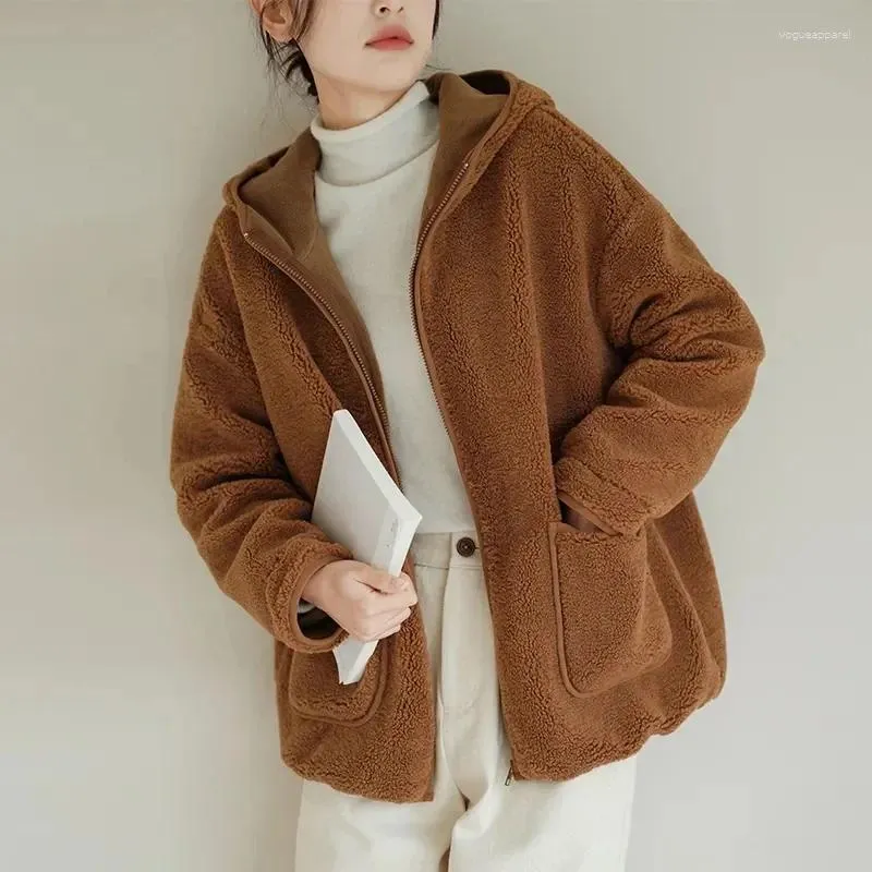 Tricots pour femmes MODX manteau à capuche en laine d'agneau grande taille fourrure chaude un granulé polaire épaissi mouton peau de mouton