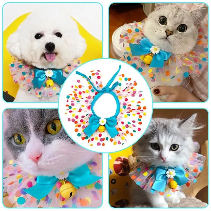 Dog Apparel Pet Handmade Twin-Layer Mesh Bowknot Bell Collar Bib Cat Necklace Scarf Decor Home Fashion Dots Bibs Neck