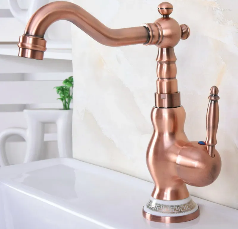 Bathroom Sink Faucets Basin Faucet Single Hole& Handle Deck Mount Antique Red Copper Swivel Spout And Cold Water Tap Tnf642